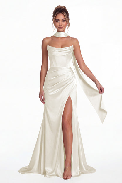 Ivory Strapless Ruched Corset Satin Slit Maxi Gown - Front View