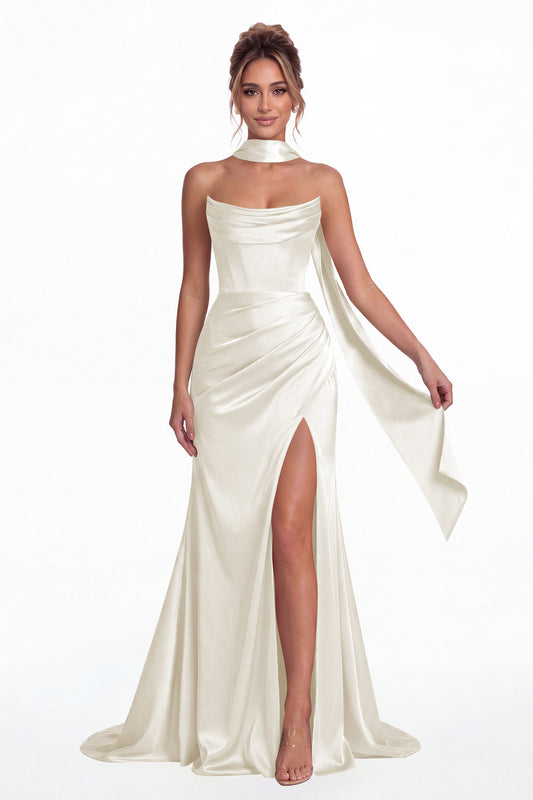 Ivory Strapless Ruched Corset Satin Slit Maxi Gown - Front View