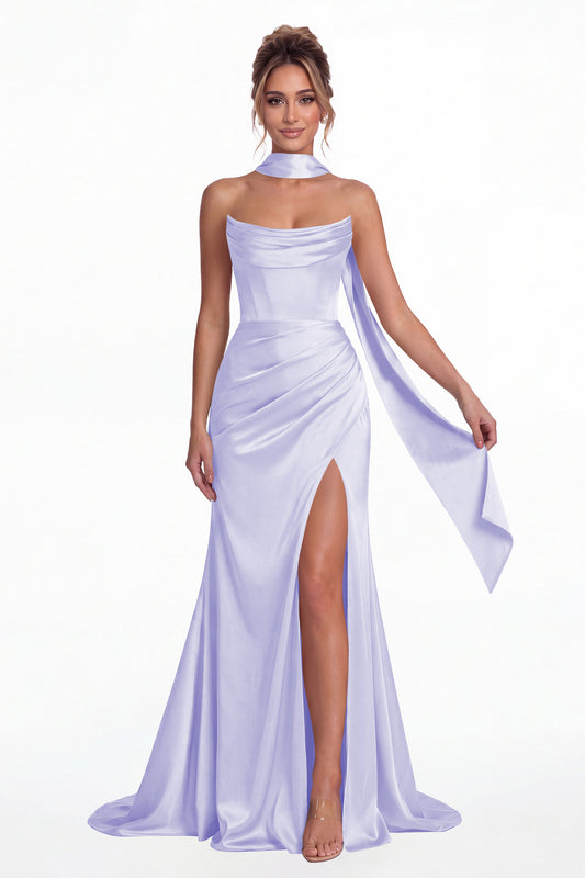 Lavender Strapless Ruched Corset Satin Slit Maxi Gown - Front View