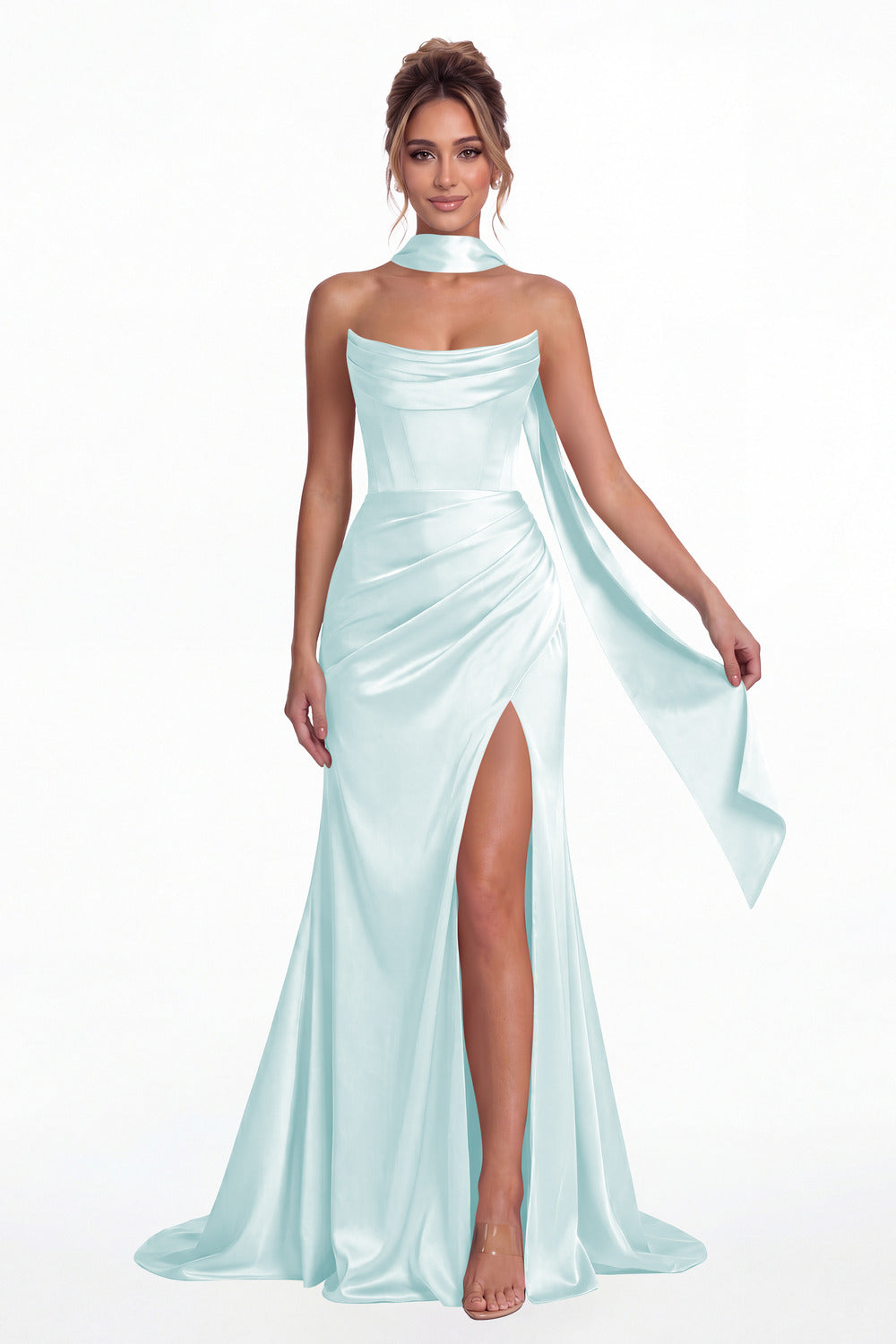 Light Blue Strapless Ruched Corset Satin Slit Maxi Gown - Front View