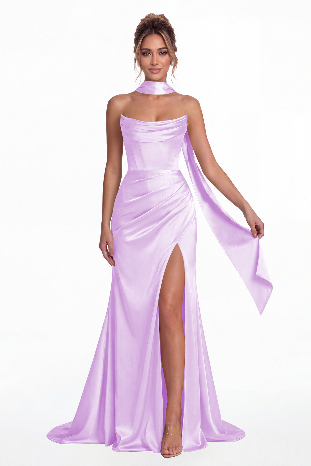 Lilac Strapless Ruched Corset Satin Slit Maxi Gown - Front View