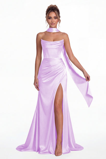 Lilac Strapless Ruched Corset Satin Slit Maxi Gown - Front View