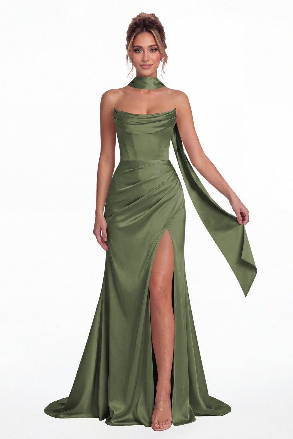 Moss Green Strapless Ruched Corset Satin Slit Maxi Gown - Front View