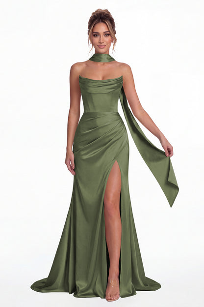 Moss Green Strapless Ruched Corset Satin Slit Maxi Gown - Front View