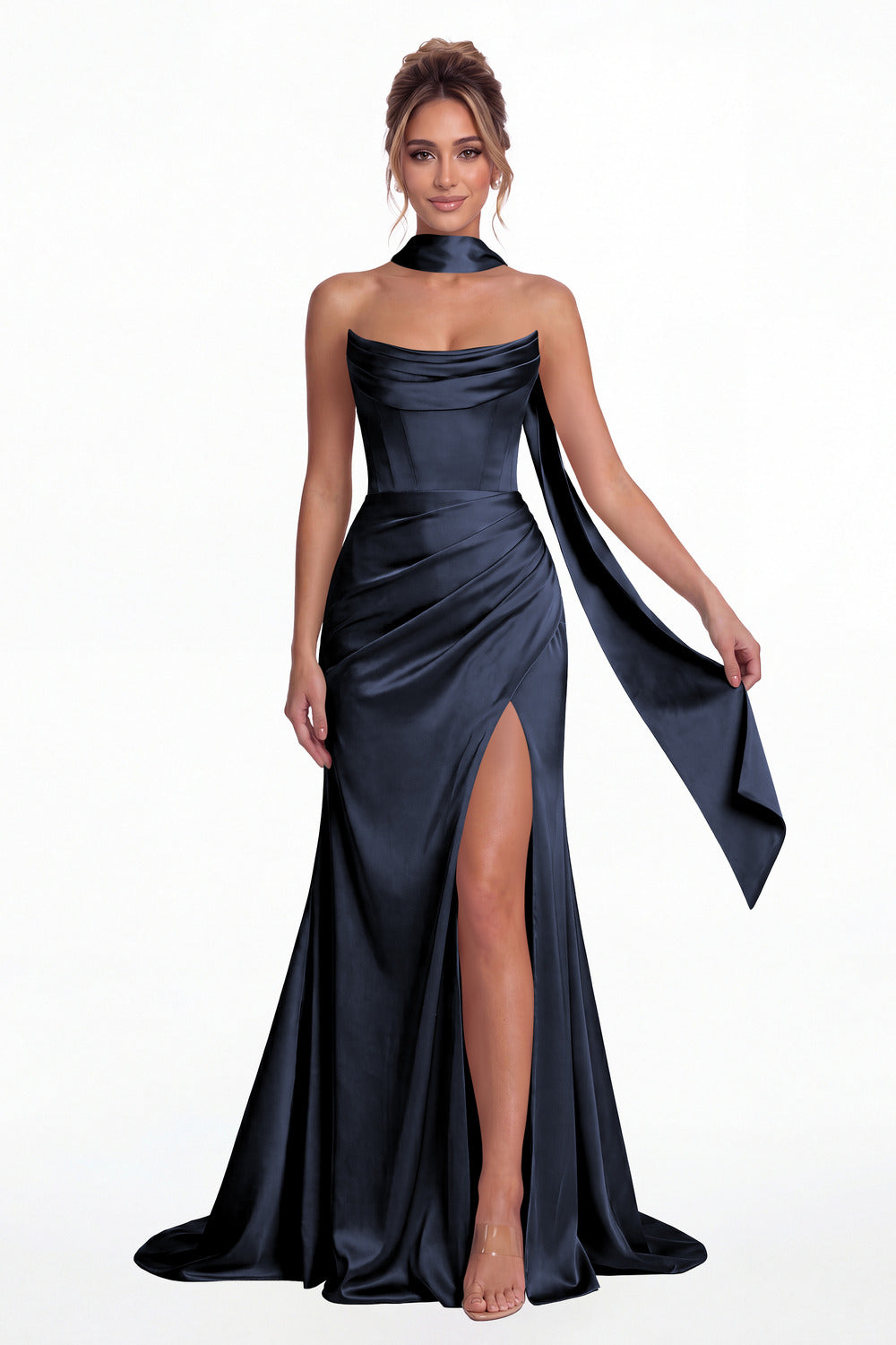 Navy Blue Strapless Ruched Corset Satin Slit Maxi Gown - Front View