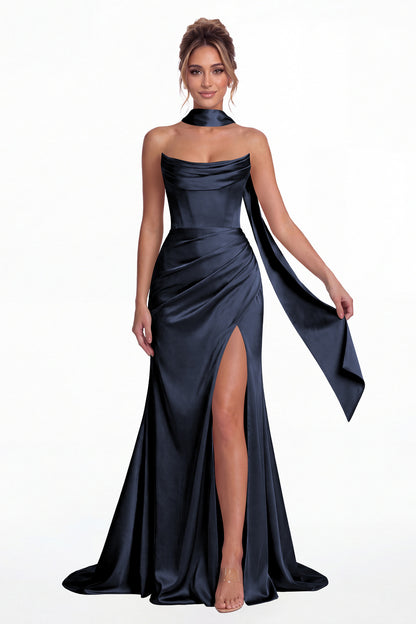Navy Blue Strapless Ruched Corset Satin Slit Maxi Gown - Front View