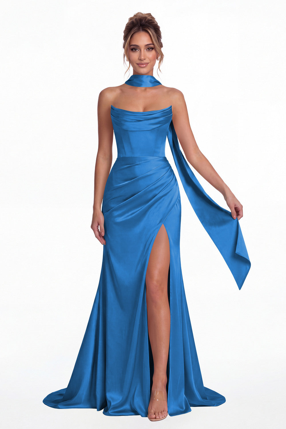 Ocean Blue Strapless Ruched Corset Satin Slit Maxi Gown - Front View