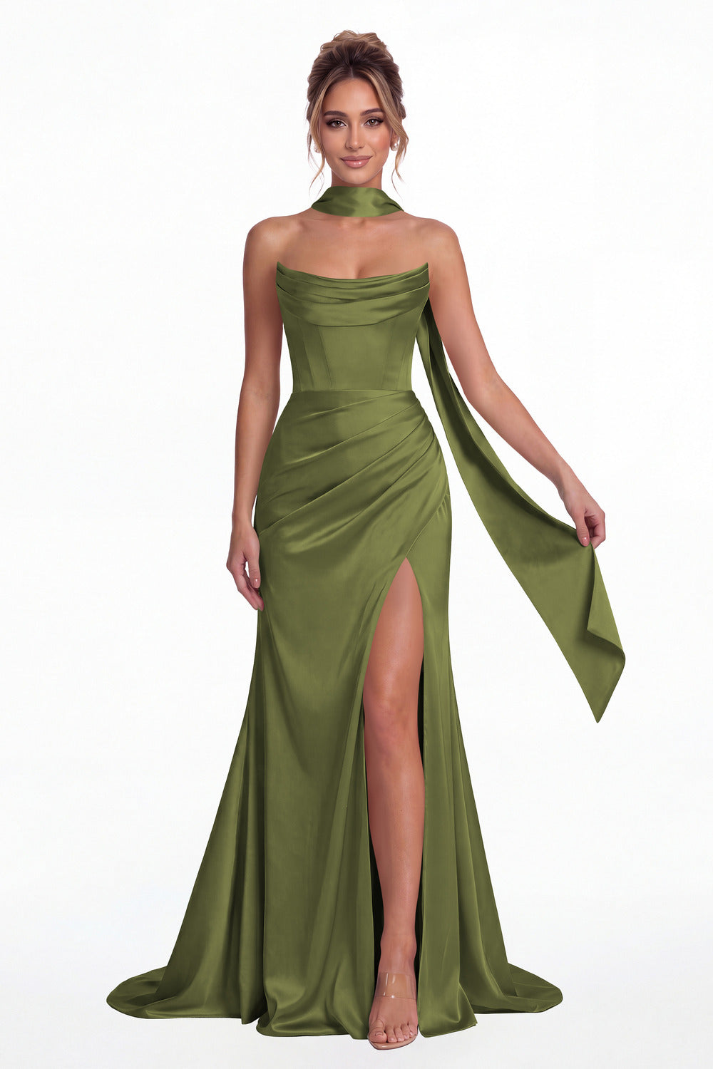 Olive Green Strapless Ruched Corset Satin Slit Maxi Gown - Front View