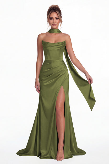 Olive Green Strapless Ruched Corset Satin Slit Maxi Gown - Front View