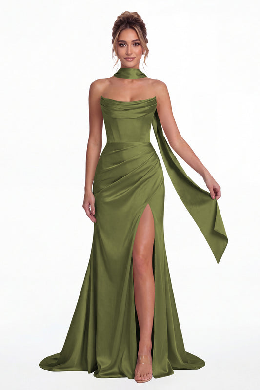 Olive Green Strapless Ruched Corset Satin Slit Maxi Gown - Front View