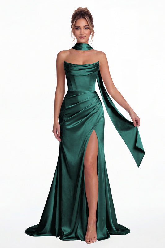 Peacock Strapless Ruched Corset Satin Slit Maxi Gown - Front View