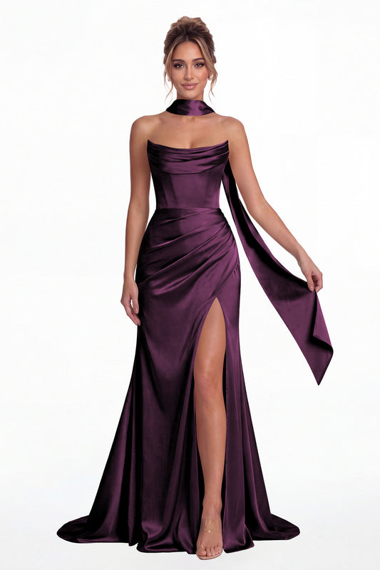 Plum Strapless Ruched Corset Satin Slit Maxi Gown - Front View