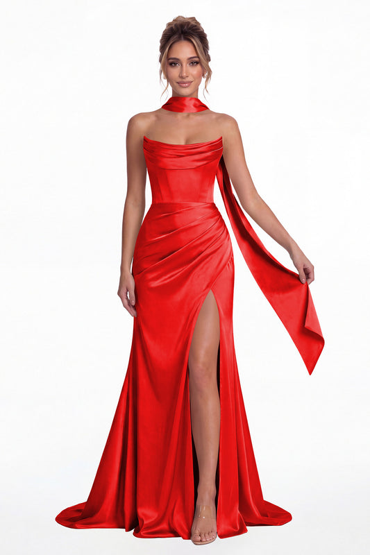 Red Strapless Ruched Corset Satin Slit Maxi Gown - Front View