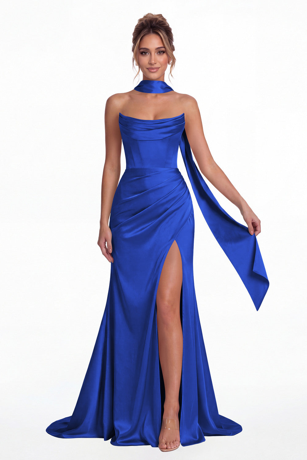 Royal Blue Strapless Ruched Corset Satin Slit Maxi Gown - Front View