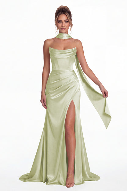 Sage Green Strapless Ruched Corset Satin Slit Maxi Gown - Front View