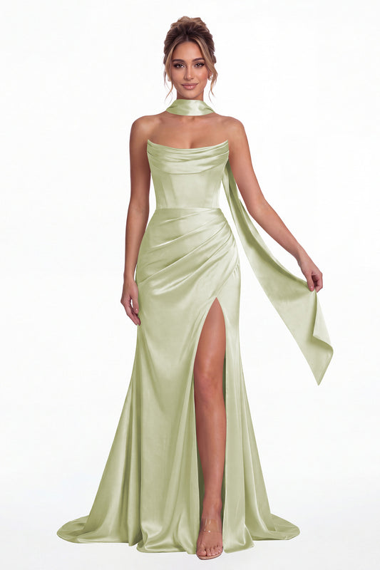 Sage Green Strapless Ruched Corset Satin Slit Maxi Gown - Front View
