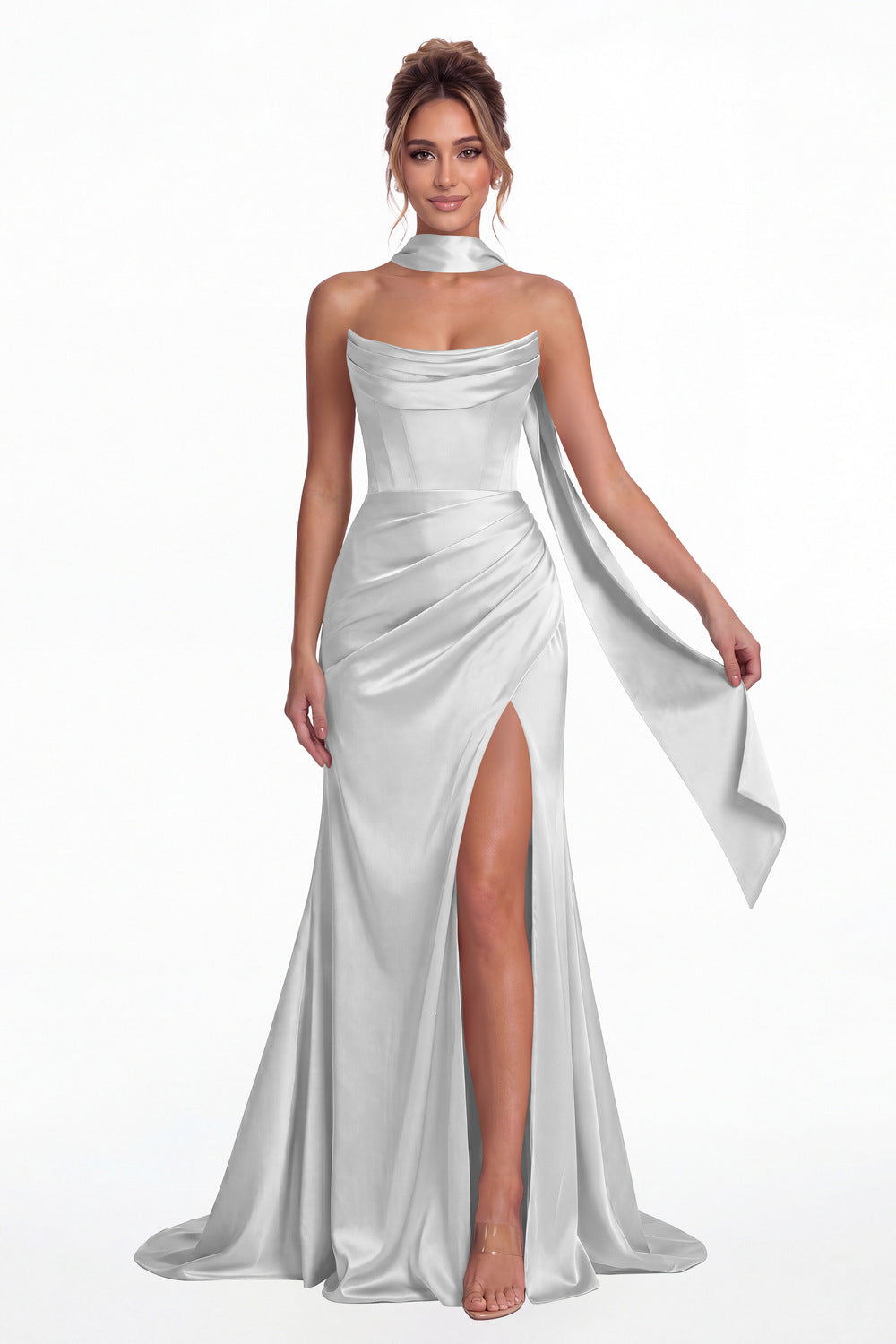 Silver Strapless Ruched Corset Satin Slit Maxi Gown - Front View