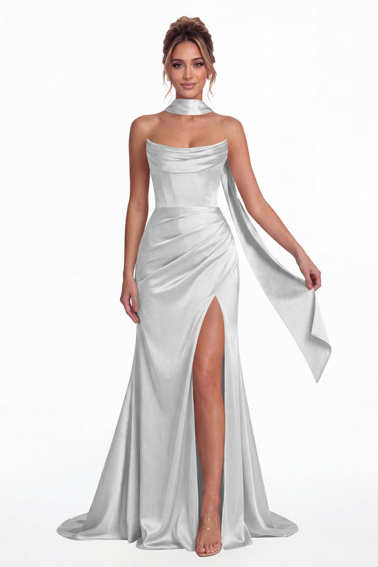 Silver Strapless Ruched Corset Satin Slit Maxi Gown - Front View