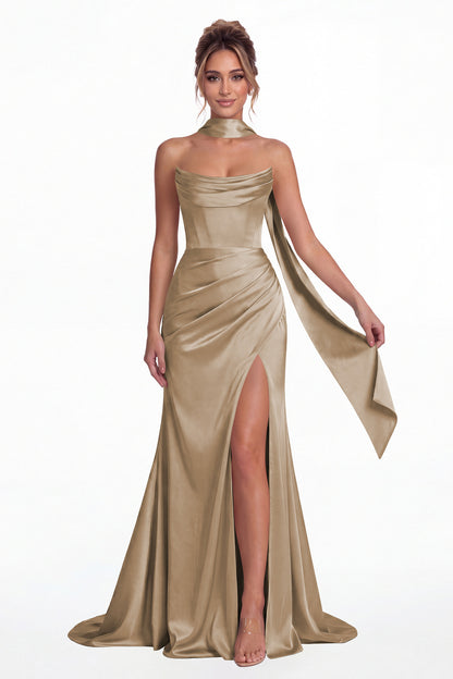Taupe Strapless Ruched Corset Satin Slit Maxi Gown - Front View