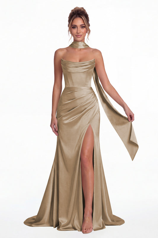 Taupe Strapless Ruched Corset Satin Slit Maxi Gown - Front View