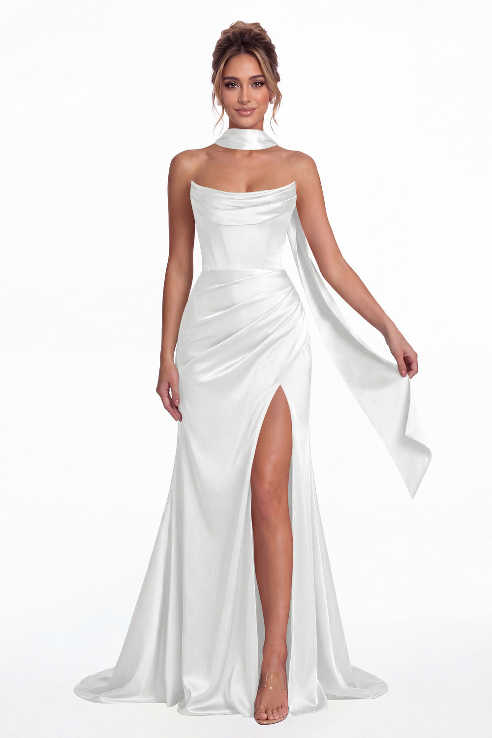 White Strapless Ruched Corset Satin Slit Maxi Gown - Front View