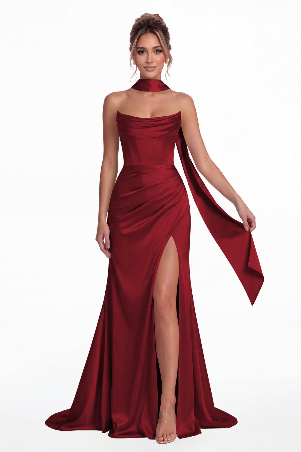 Wine Red Strapless Ruched Corset Satin Slit Maxi Gown - Front View