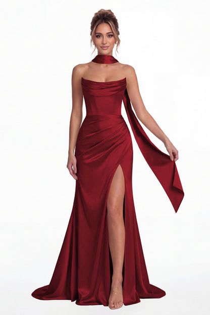 Wine Red Strapless Ruched Corset Satin Slit Maxi Gown - Front View