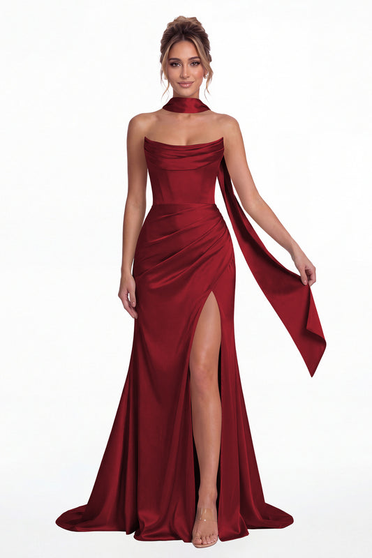 Wine Red Strapless Ruched Corset Satin Slit Maxi Gown - Front View