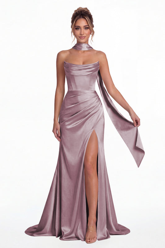 Wisteria Strapless Ruched Corset Satin Slit Maxi Gown - Front View