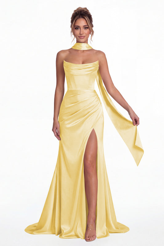 Yellow Strapless Ruched Corset Satin Slit Maxi Gown - Front View