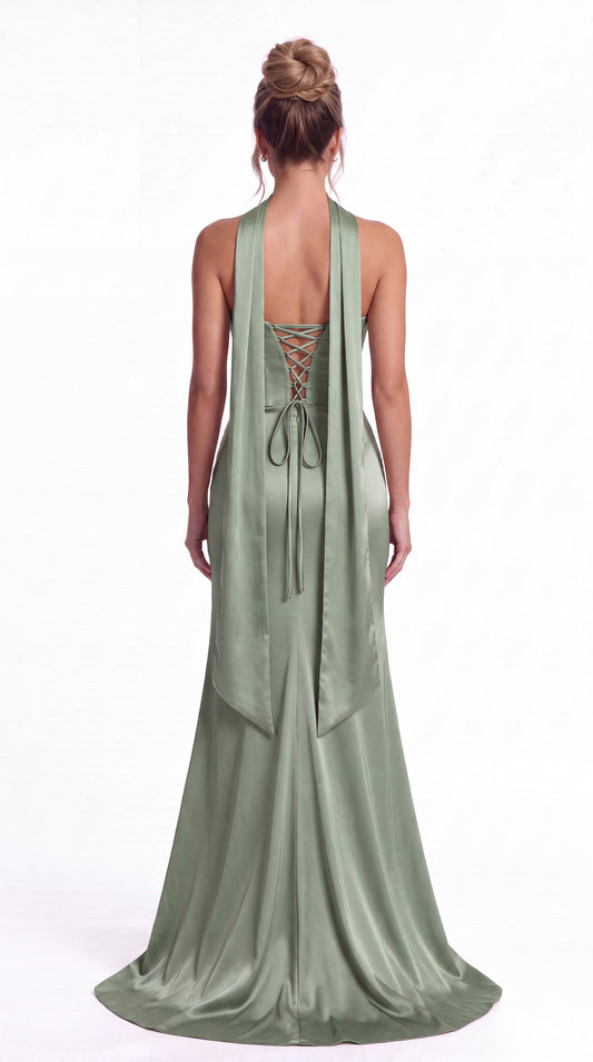Strapless Ruched Corset Satin Slit Maxi Gown - Back View