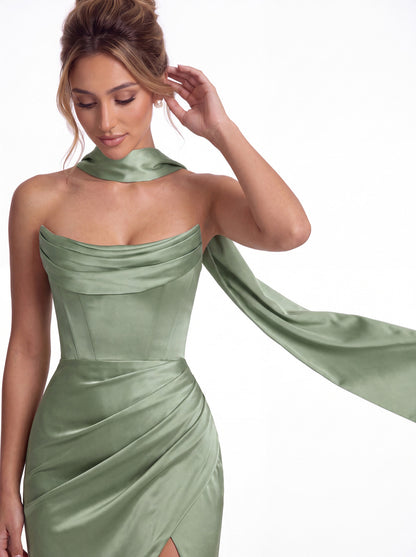 Strapless Ruched Corset Satin Slit Maxi Gown - Detail View 1