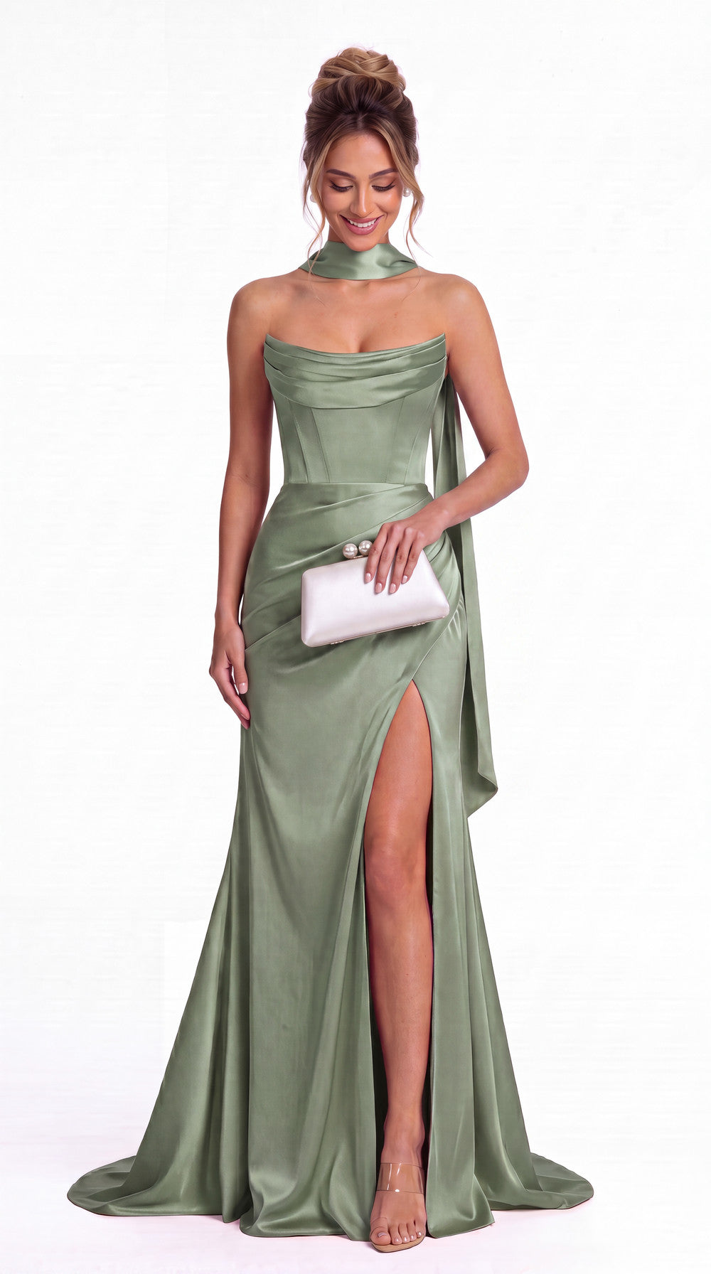 Strapless Ruched Corset Satin Slit Maxi Gown - Detail View 4