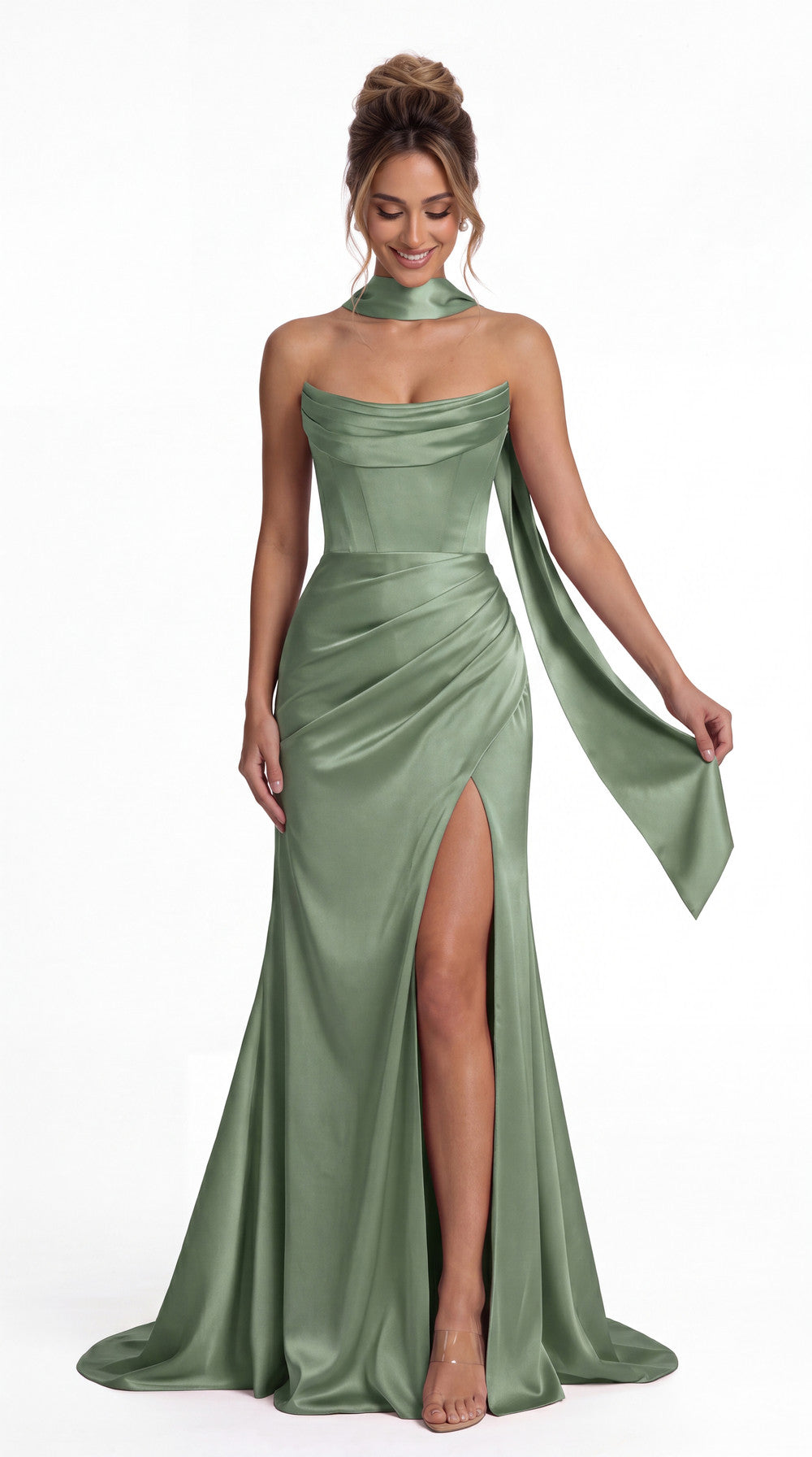 Strapless Ruched Corset Satin Slit Maxi Gown - Detail View 5