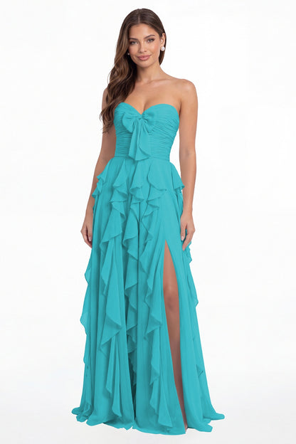 Aqua Blue Strapless Ruffle Chiffon Slit Maxi Gown - Front View