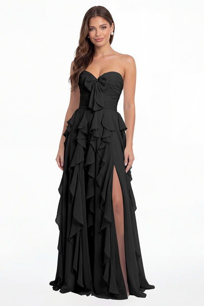 Black Strapless Ruffle Chiffon Slit Maxi Gown - Front View