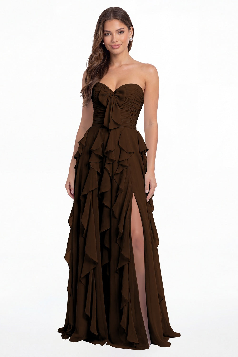 Brown Strapless Ruffle Chiffon Slit Maxi Gown - Front View