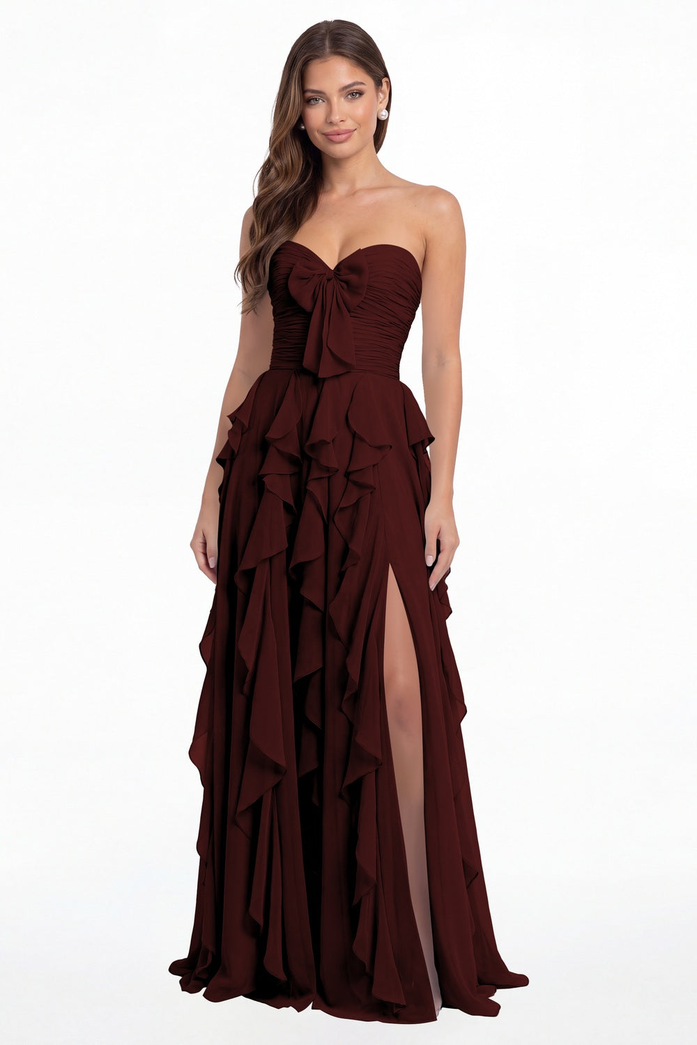 Burgundy Strapless Ruffle Chiffon Slit Maxi Gown - Front View