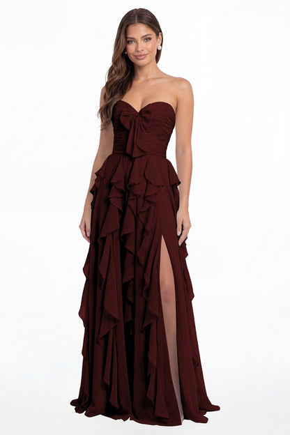 Burgundy Strapless Ruffle Chiffon Slit Maxi Gown - Front View