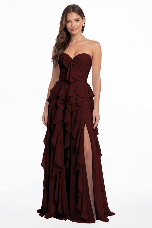Burgundy Strapless Ruffle Chiffon Slit Maxi Gown - Front View