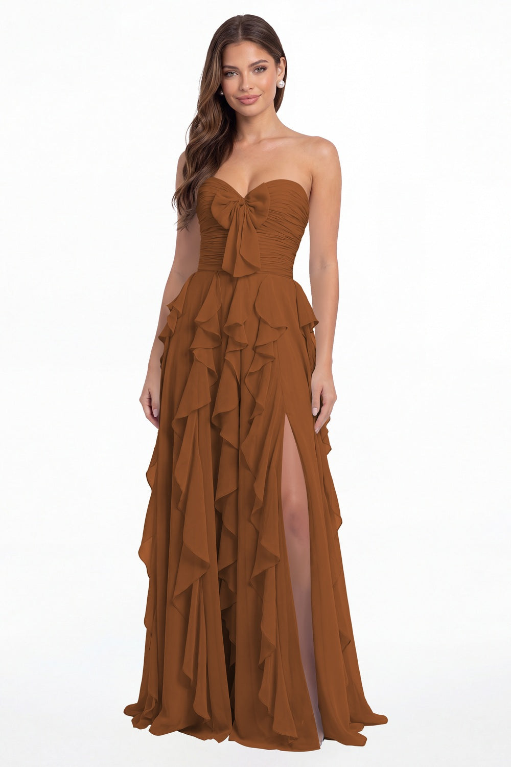 Burnt Orange Strapless Ruffle Chiffon Slit Maxi Gown - Front View