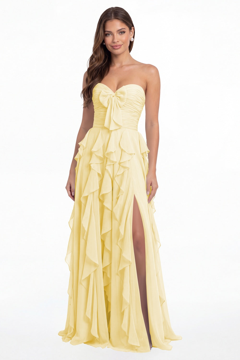 Butter Yellow Strapless Ruffle Chiffon Slit Maxi Gown - Front View