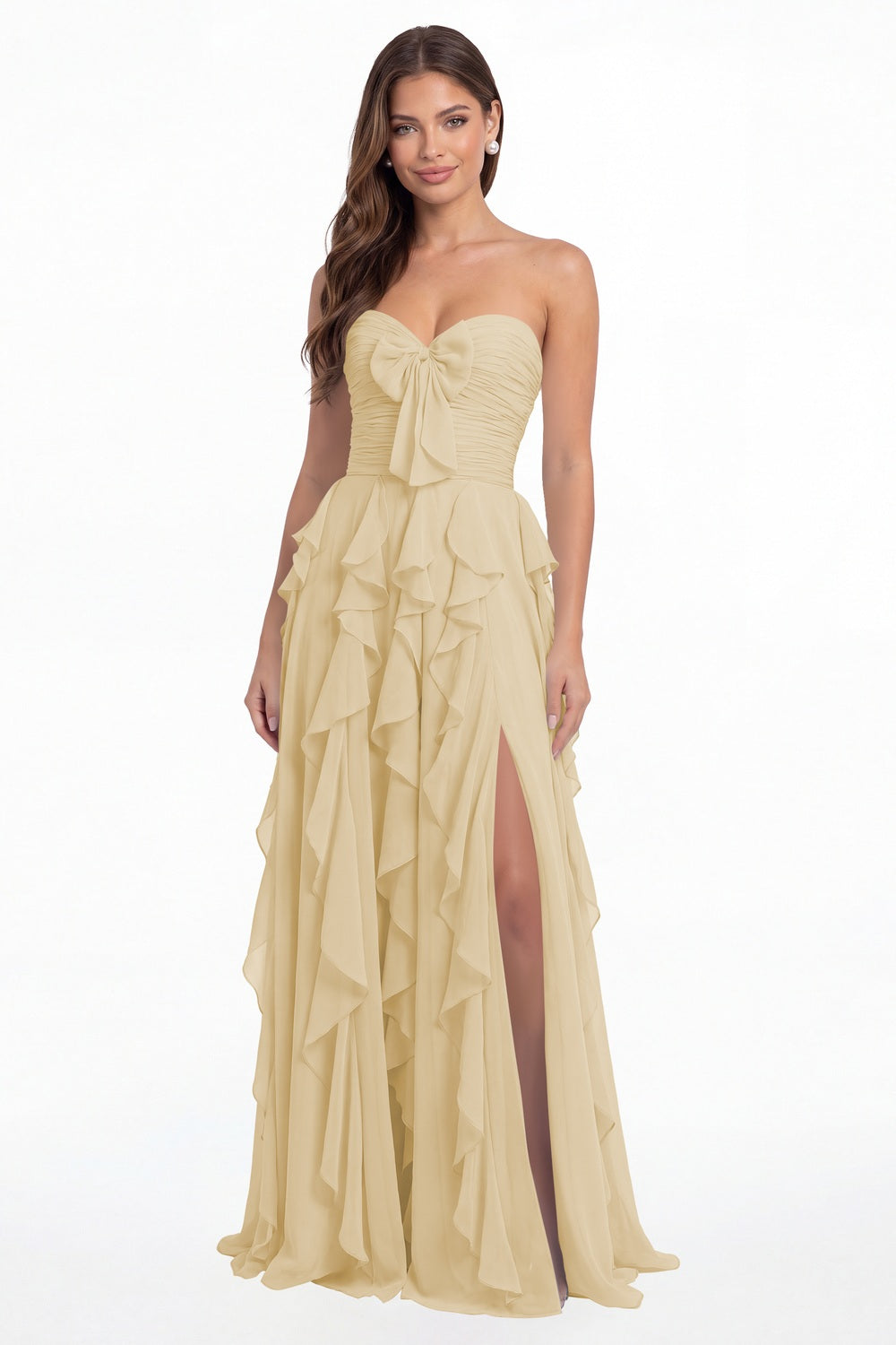 Champagne Strapless Ruffle Chiffon Slit Maxi Gown - Front View