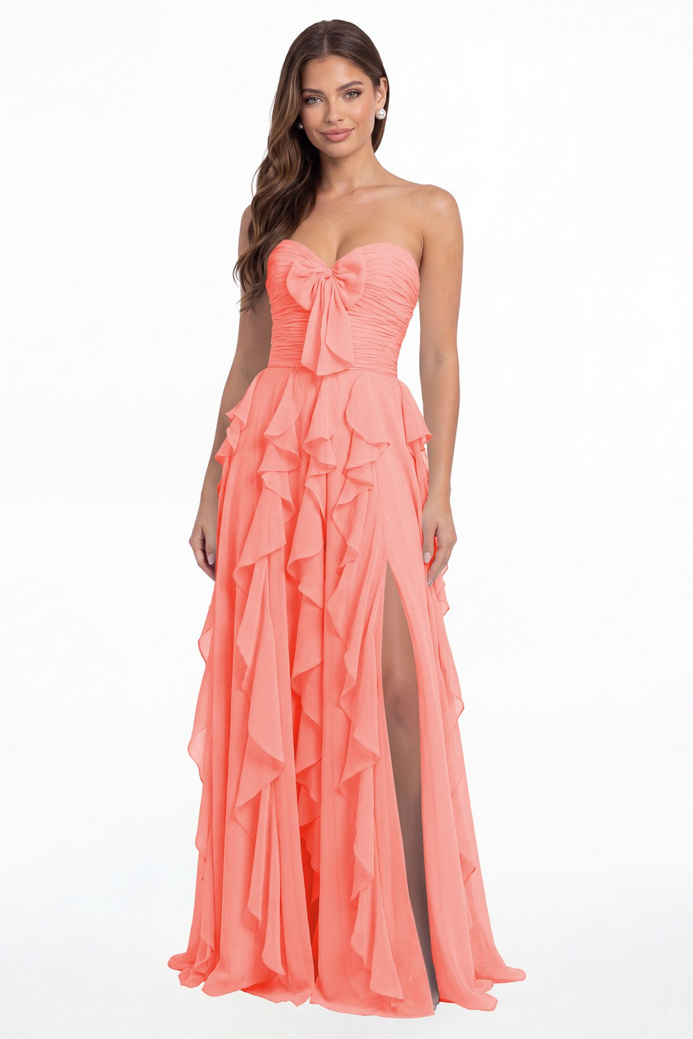 Coral Strapless Ruffle Chiffon Slit Maxi Gown - Front View