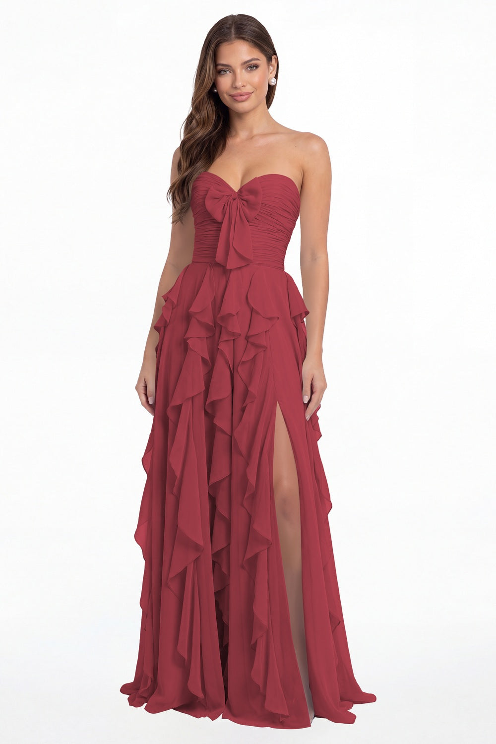 Desert Rose Strapless Ruffle Chiffon Slit Maxi Gown - Front View