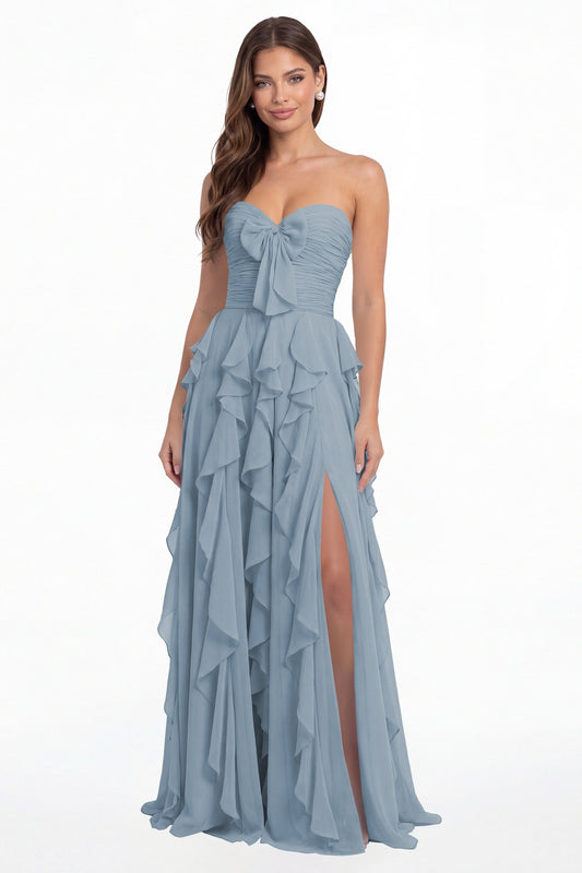 Dusty Blue Strapless Ruffle Chiffon Slit Maxi Gown - Front View