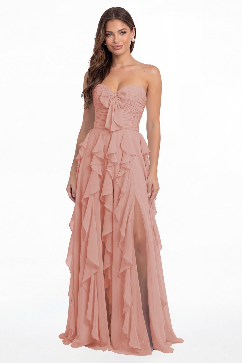 Dusty Rose Strapless Ruffle Chiffon Slit Maxi Gown - Front View