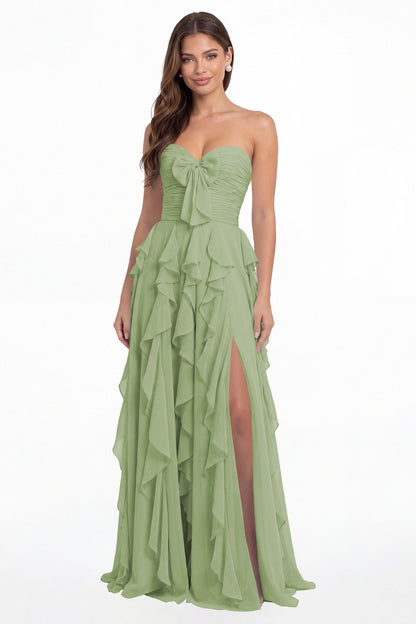 Dusty Sage Strapless Ruffle Chiffon Slit Maxi Gown - Front View