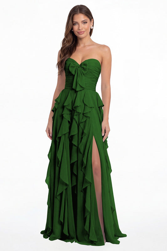 Emerald Green Strapless Ruffle Chiffon Slit Maxi Gown - Front View