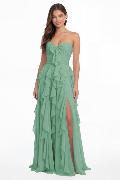 Eucalyptus Strapless Ruffle Chiffon Slit Maxi Gown - Front View